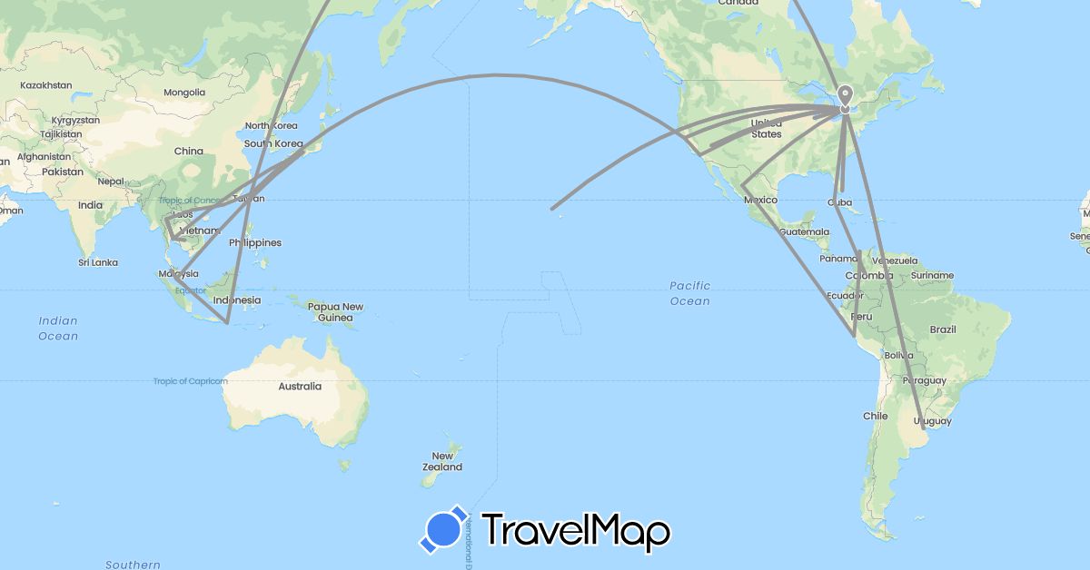 TravelMap itinerary: plane in Argentina, Canada, China, Colombia, Cuba, Indonesia, Japan, Cambodia, Mexico, Malaysia, Peru, Singapore, Thailand, Taiwan, United States, Vietnam (Asia, North America, South America)